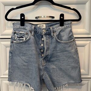 Agolde Blue Jean Shorts with Frayed Hem and Distressed Look